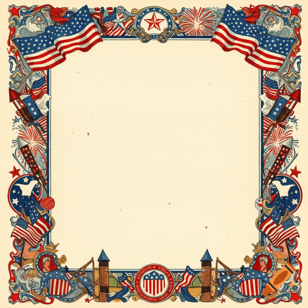 Vintage illustration of a Fourth of July decorative border with American flags, stars, fireworks, and patriotic figures around a blank center.