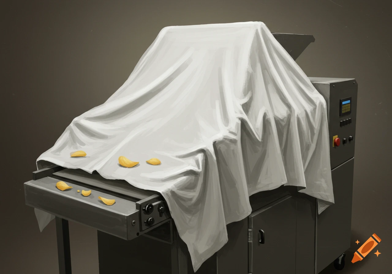A white sheet covers most of a potato chip bagging machine, with a few chips scattered on the sheet and conveyor belt. A control panel is visible.