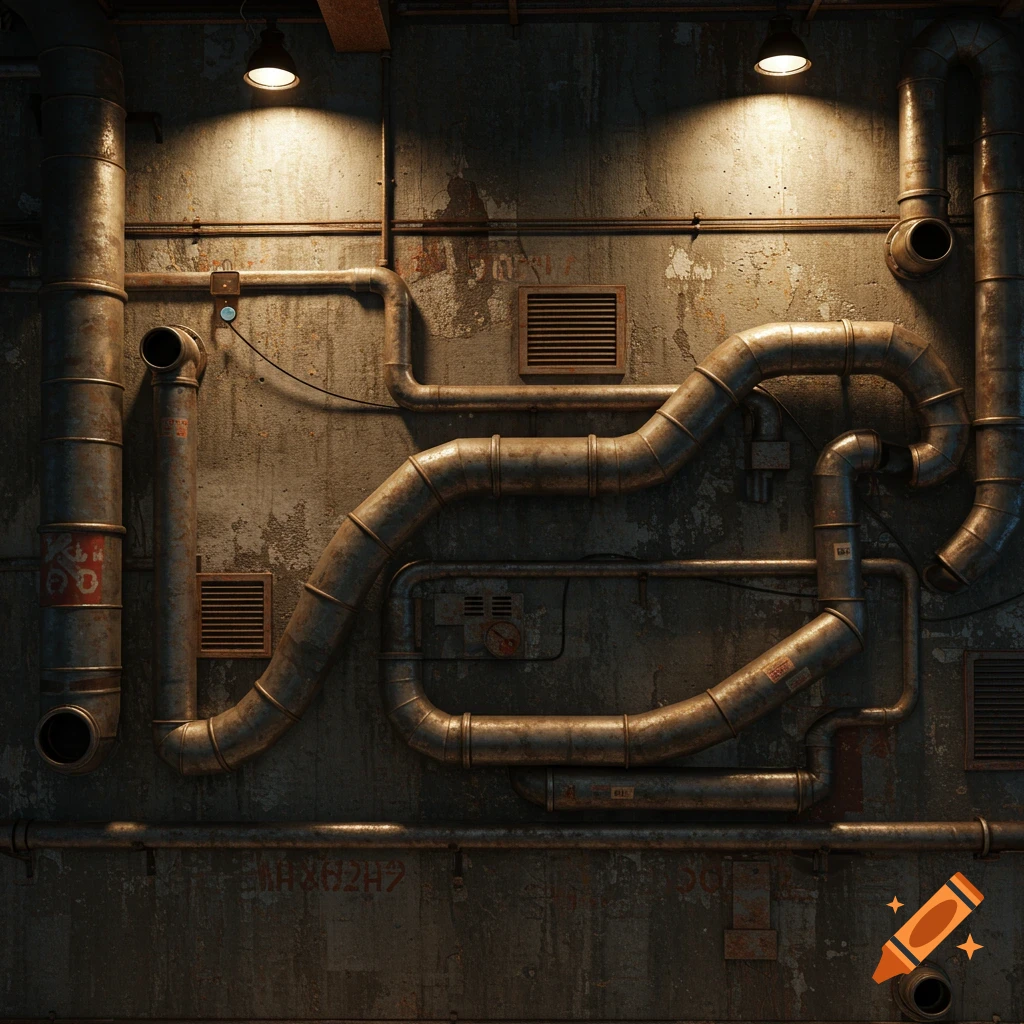 Industrial wall with complex network of rusty pipes, vents, and concrete textures, lit by overhead lamps.