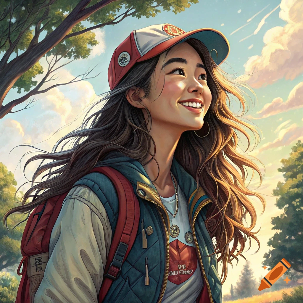 A smiling young woman with long hair wearing a cap and backpack looks up at the sky in an illustrative style.