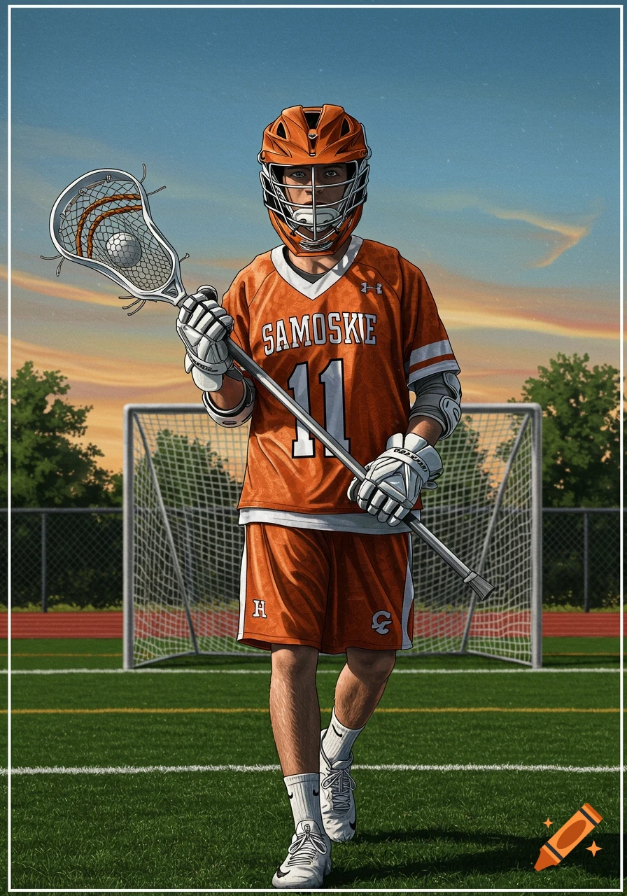 A male lacrosse player in an orange uniform and helmet stands on a field with a goal behind him under a sunset sky, holding a stick. Illustrated style.