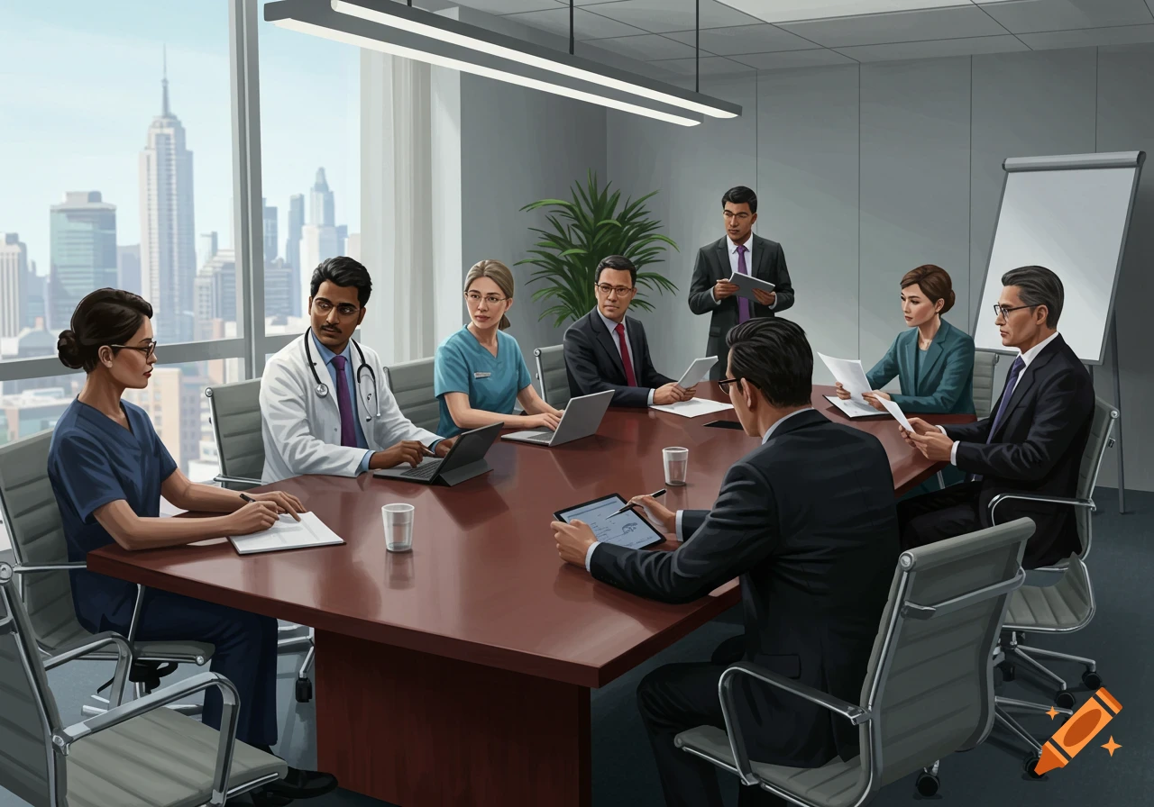 A group of diverse professionals, including doctors and business people, attend a meeting in a modern boardroom overlooking a city skyline.