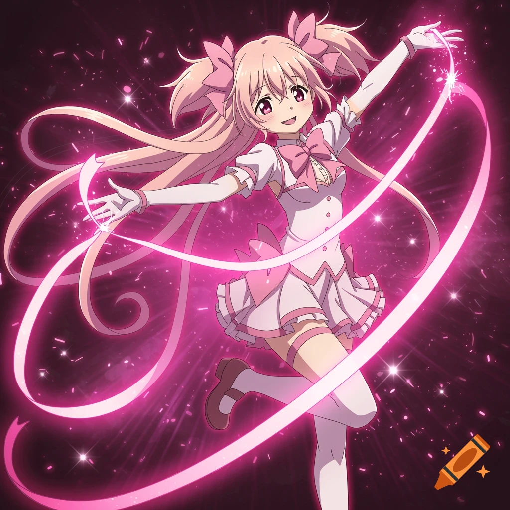 Anime magical girl with pink pigtails and a white outfit, smiling and posing with glowing pink ribbons and sparkles.