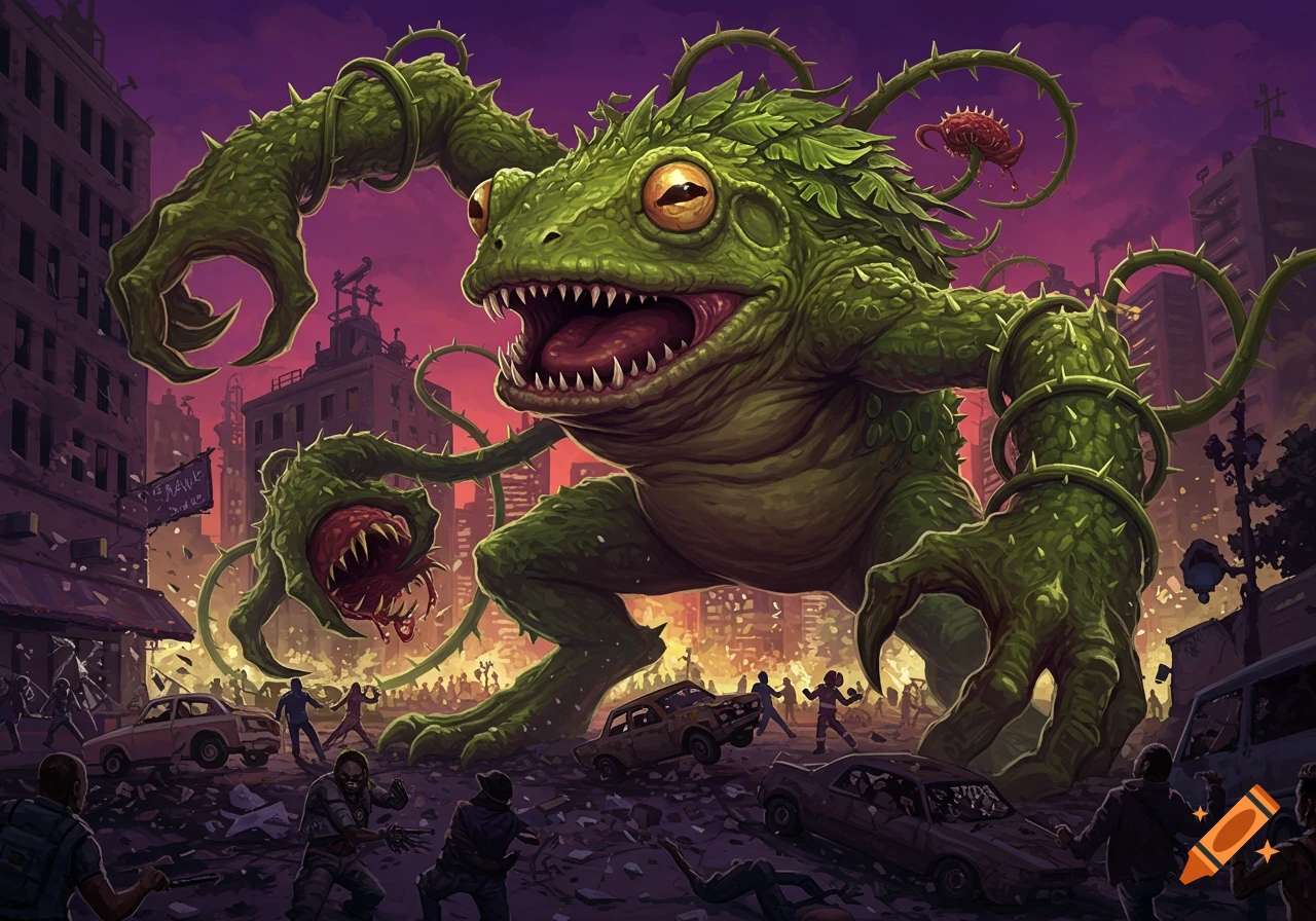 Giant green frog-plant monster attacks a ruined city, with tiny people fleeing amidst debris.