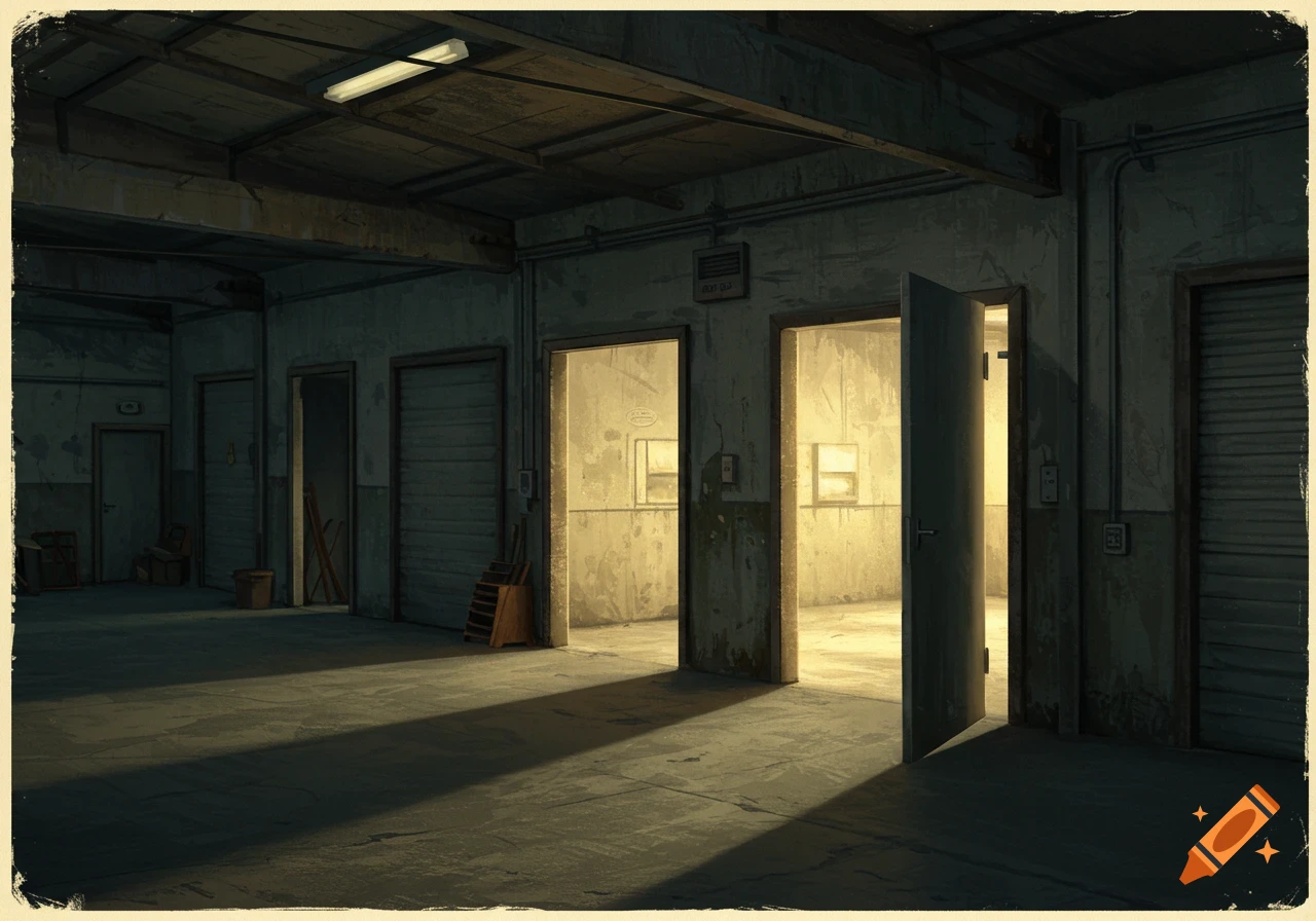 An empty, dimly lit garage interior with multiple doors, one open revealing a brightly lit empty room beyond.