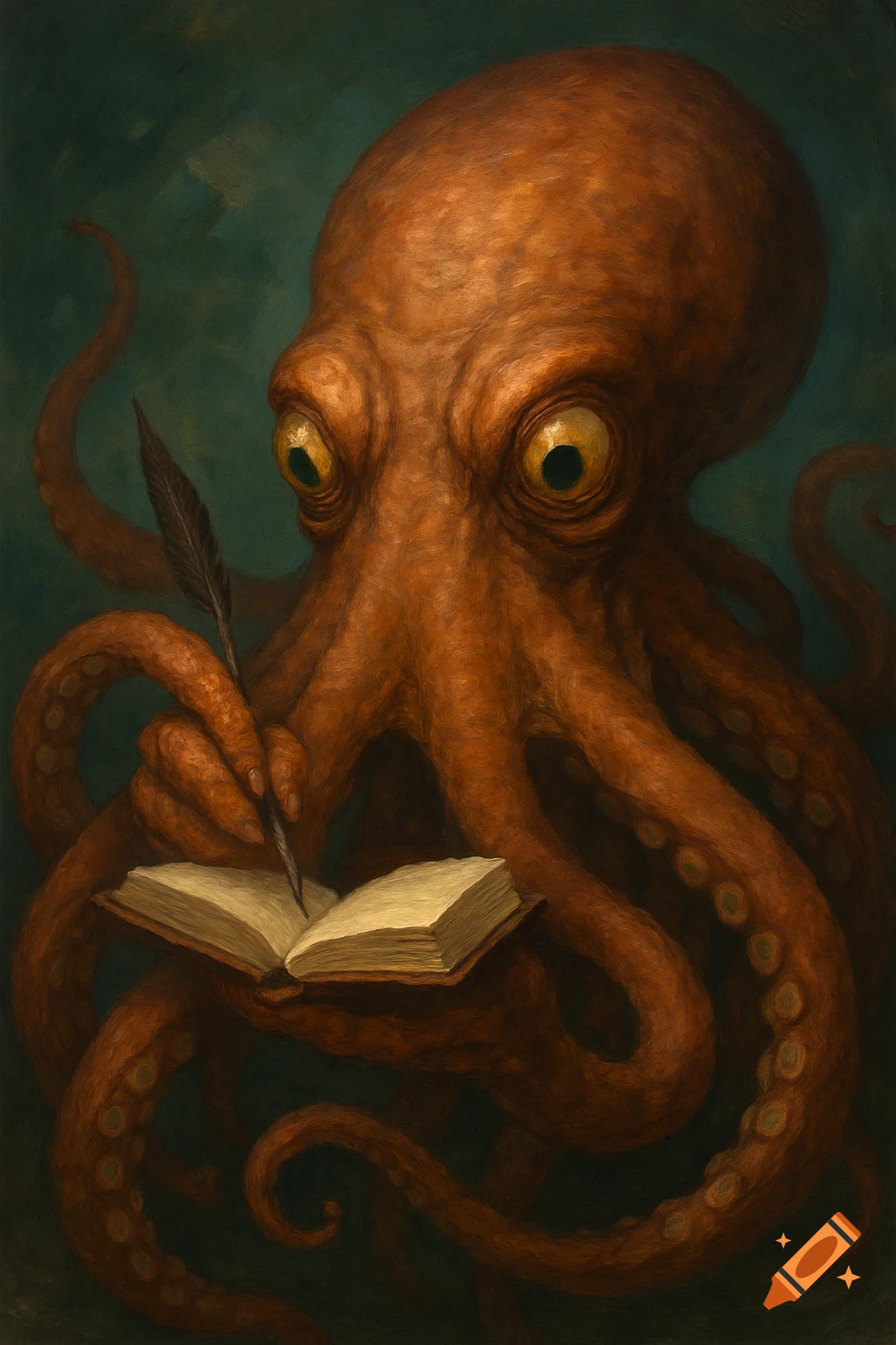 An octopus, resembling a kraken, with large yellow eyes, is meticulously writing in a small open book with a quill against a dark green background in a painted style.