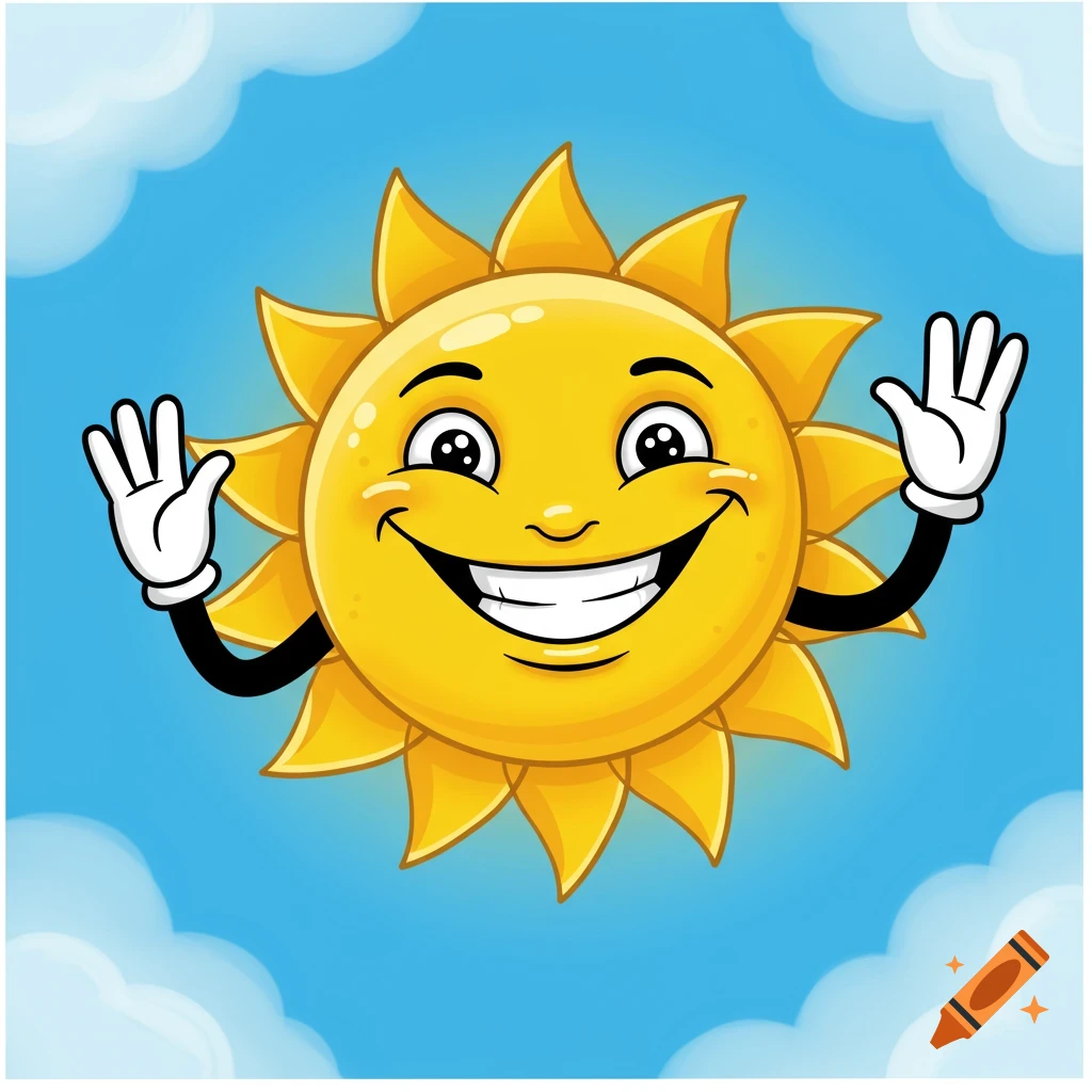 Smiling cartoon sun character with white gloves waving against a blue sky with clouds.