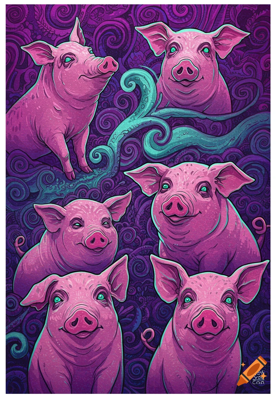 A colorful, stylized illustration of five pink pigs with green eyes, smiling against a vibrant purple and blue psychedelic swirl background.