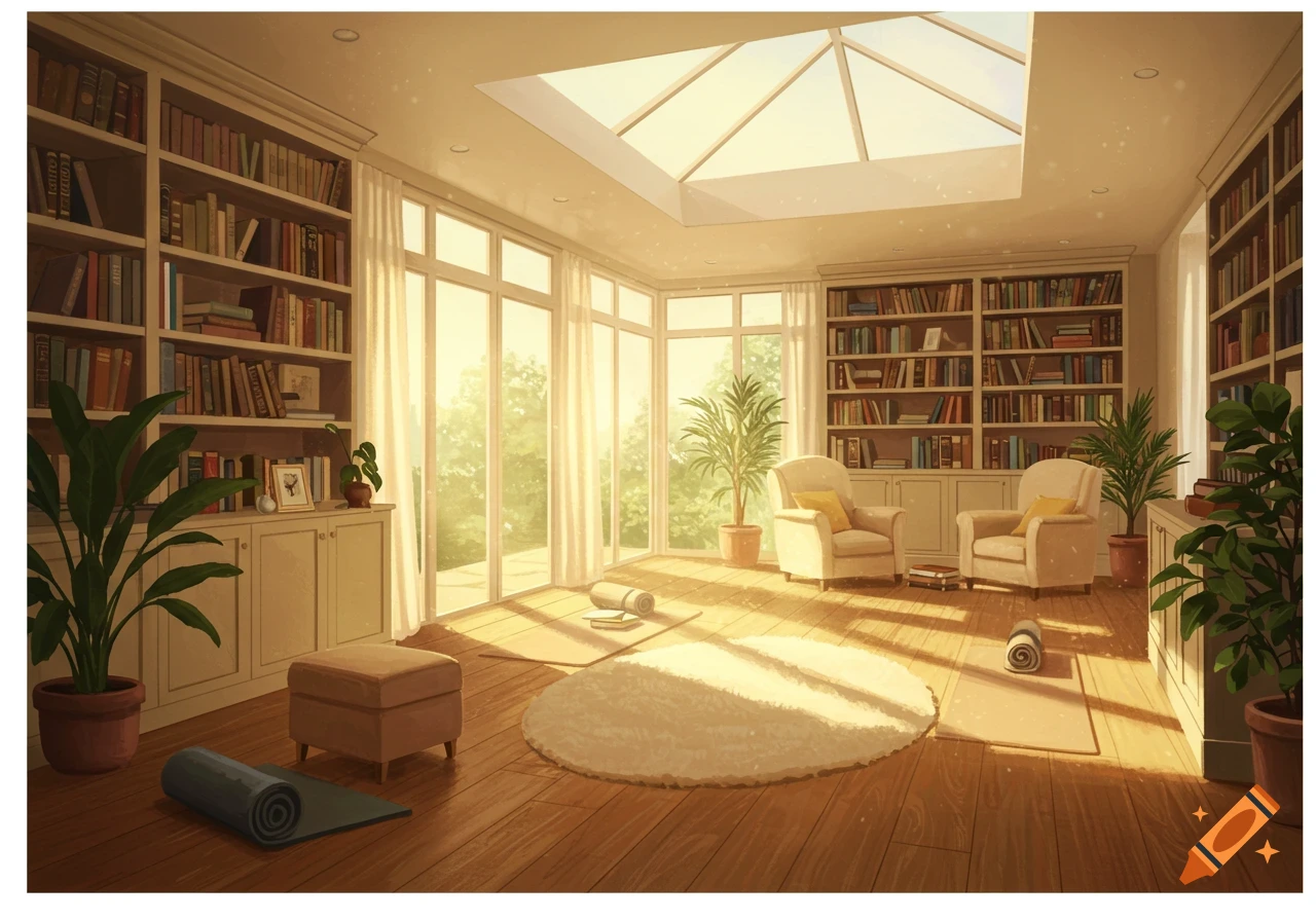 A bright, inviting home library and solarium with large windows, a skylight, bookshelves, two armchairs, and yoga mats on a wooden floor.