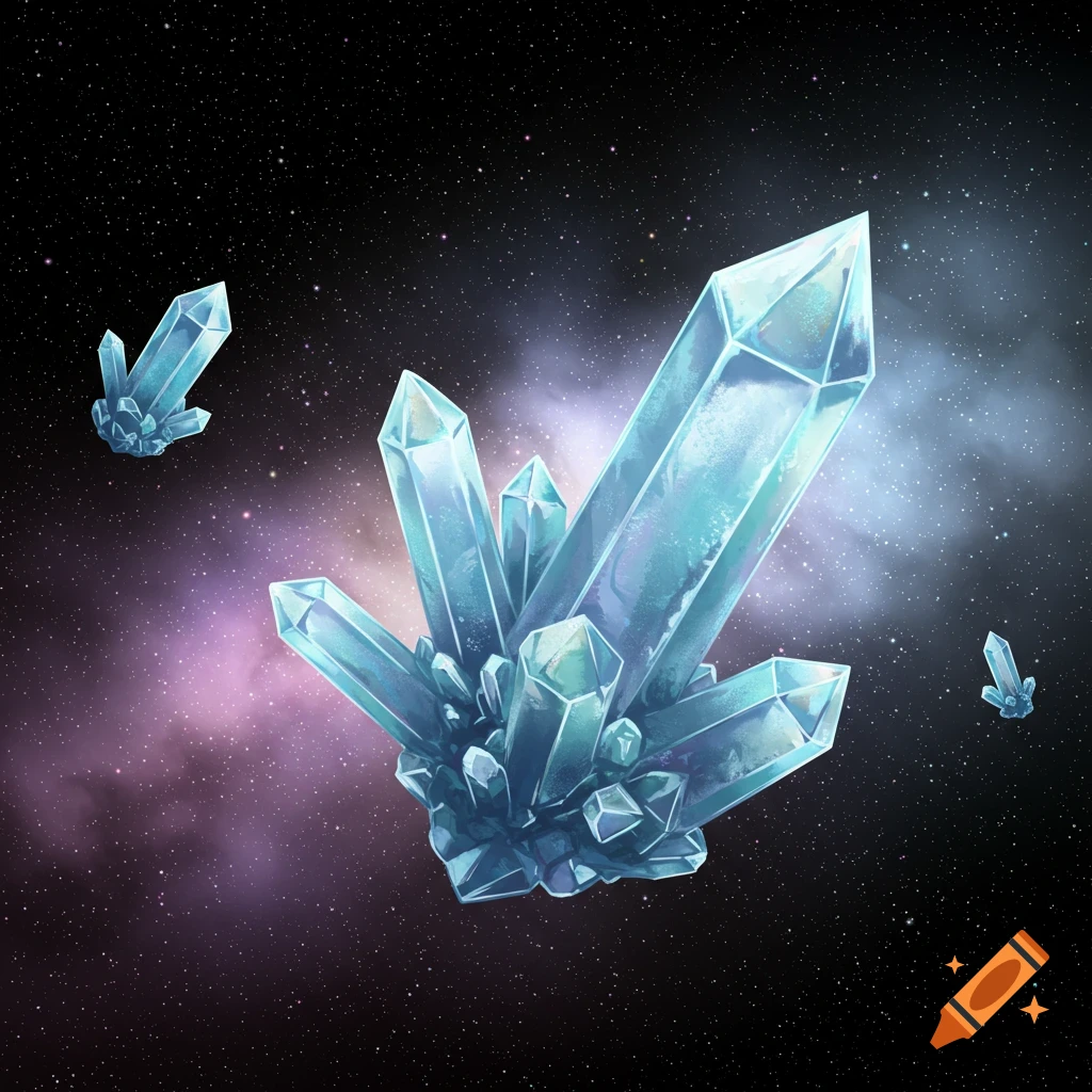 Light blue crystals float in a dark starry space with a purple and blue nebula.