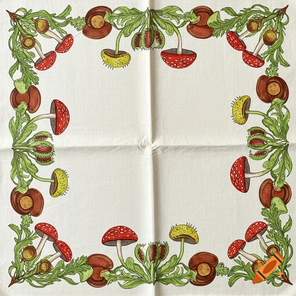 A watercolor botanical design on a white handkerchief, featuring a border of red and yellow mushrooms, green leaves, and Venus flytraps.