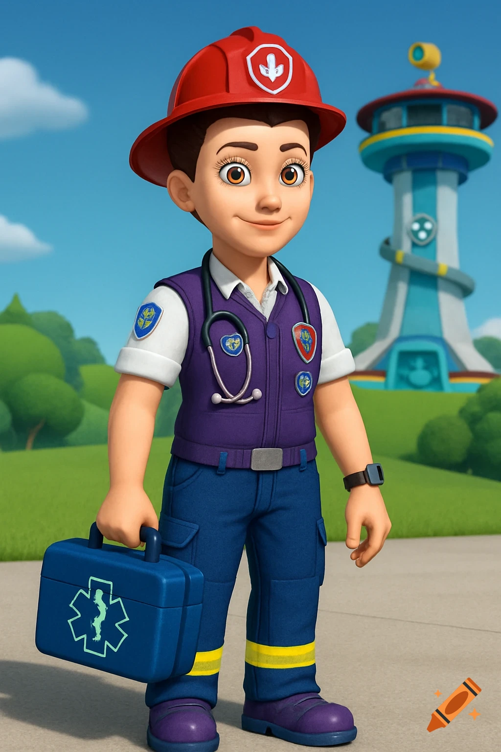 A female cartoon character in a red firefighter helmet, purple vest, and blue pants holds a blue medical kit. She stands in front of a blue sky and a white and blue tower.