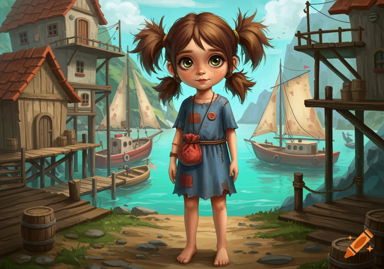 A whimsical illustration of a young girl with pigtails and freckles in a patched blue dress, standing barefoot in a fantasy fishing village with wooden houses and sailboats.