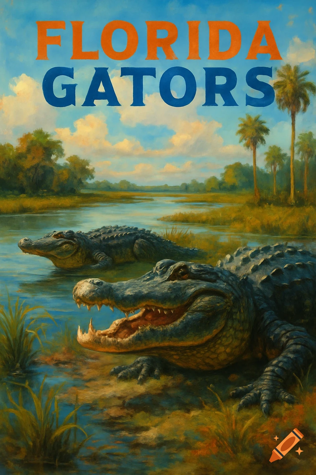 Painting of two alligators in a Florida swamp with 'FLORIDA GATORS' text above.