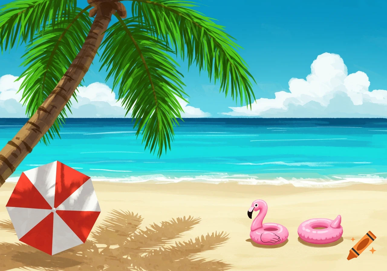 A colorful cartoon beach scene with a palm tree, a red and white umbrella, and two pink pool floats on the sand.