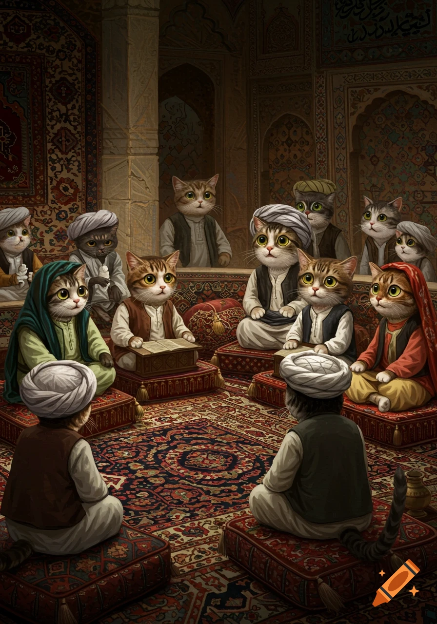 Digital painting of anthropomorphic cats in traditional attire gathered in a richly decorated room for a council meeting.