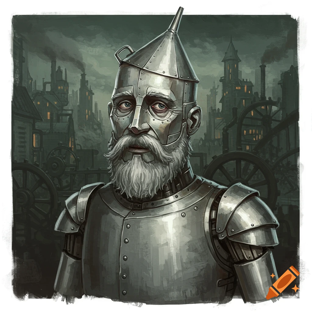 A detailed illustration of a bearded Tin Man in metal armor and a funnel hat, with a steampunk city in the gloomy background.