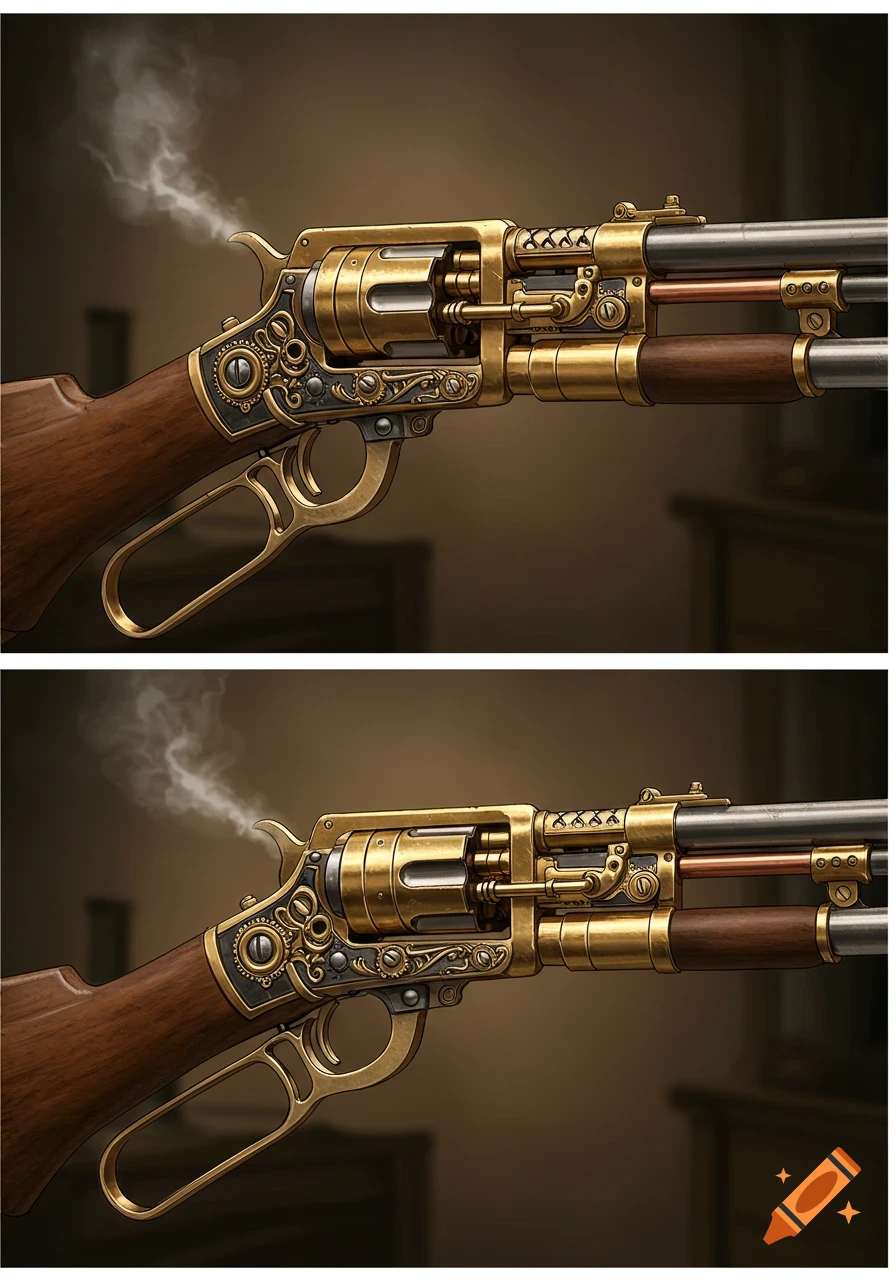 A detailed steampunk lever action rifle with brass and wood accents, smoke curling from the barrel.