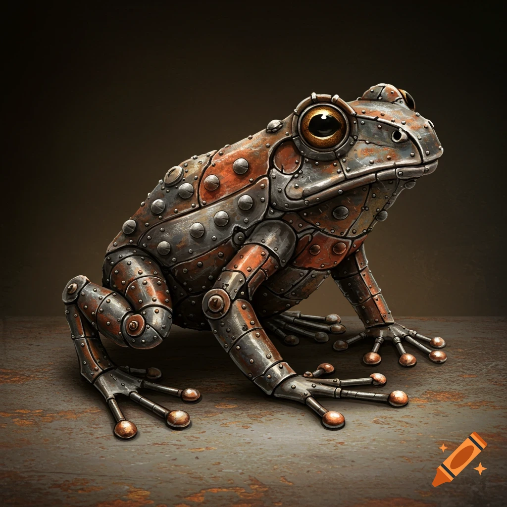 A detailed, realistic image of a steampunk frog made of metal plates and rivets.