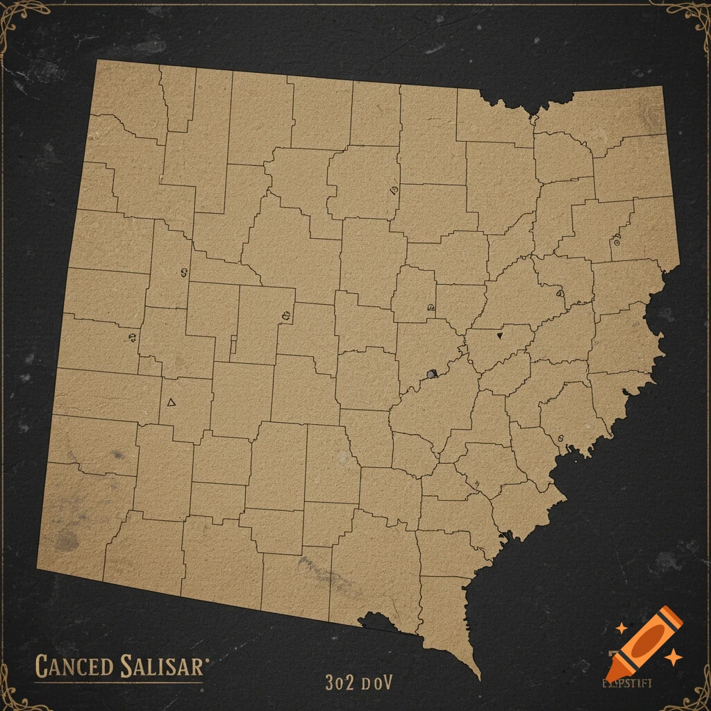An antique-style map showing the outline of a US state, likely Arkansas, divided into counties. The map has a parchment texture and is set against a dark, textured background.