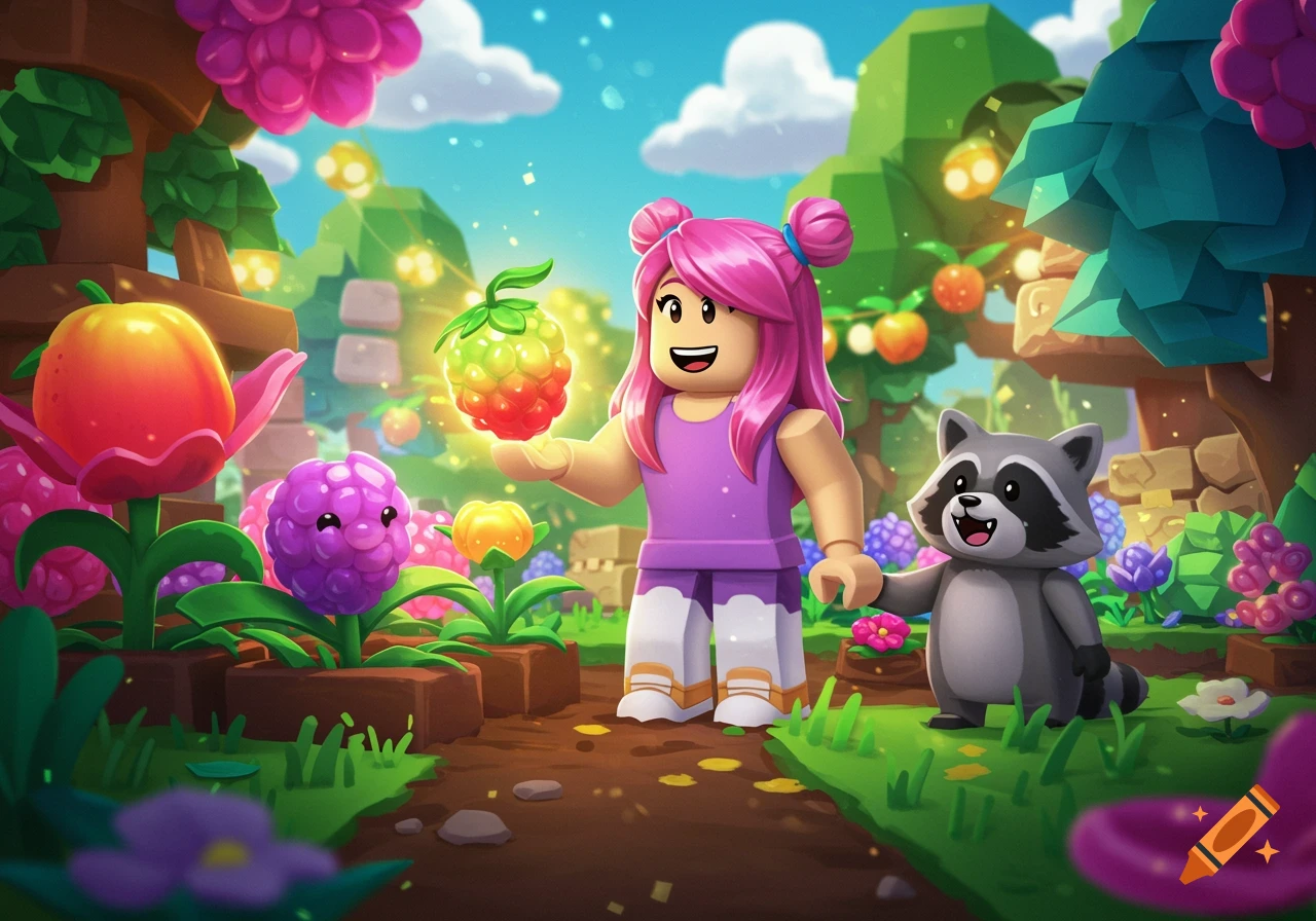 A Roblox-style girl with pink hair stands in a vibrant fantasy garden with a raccoon, holding a glowing fruit.