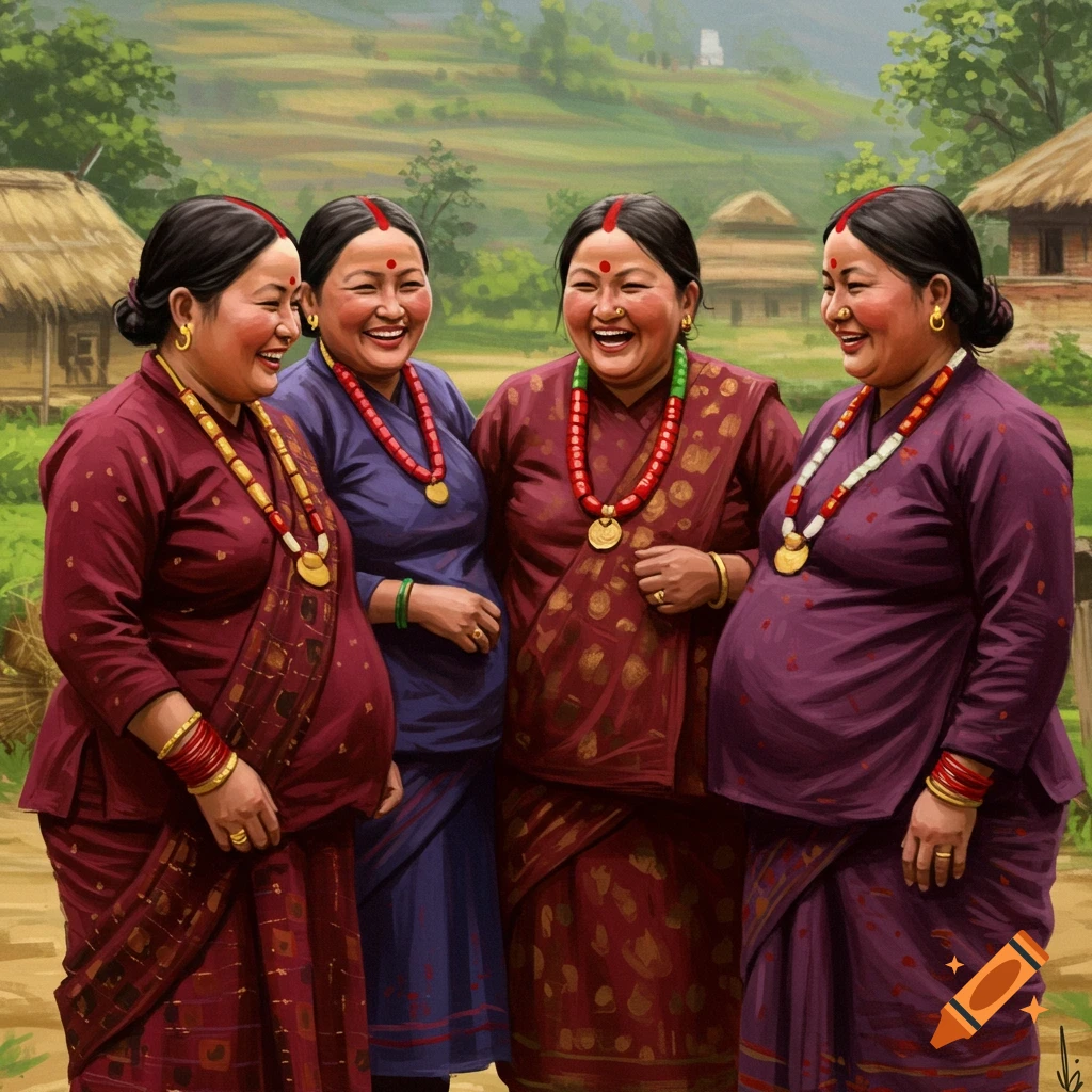 Four smiling Nepalese women in traditional dresses stand in a rural setting, painted in a vibrant style.
