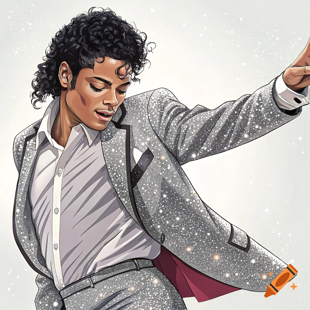Illustration of Michael Jackson in a shimmering silver suit, arm raised, against a light background.