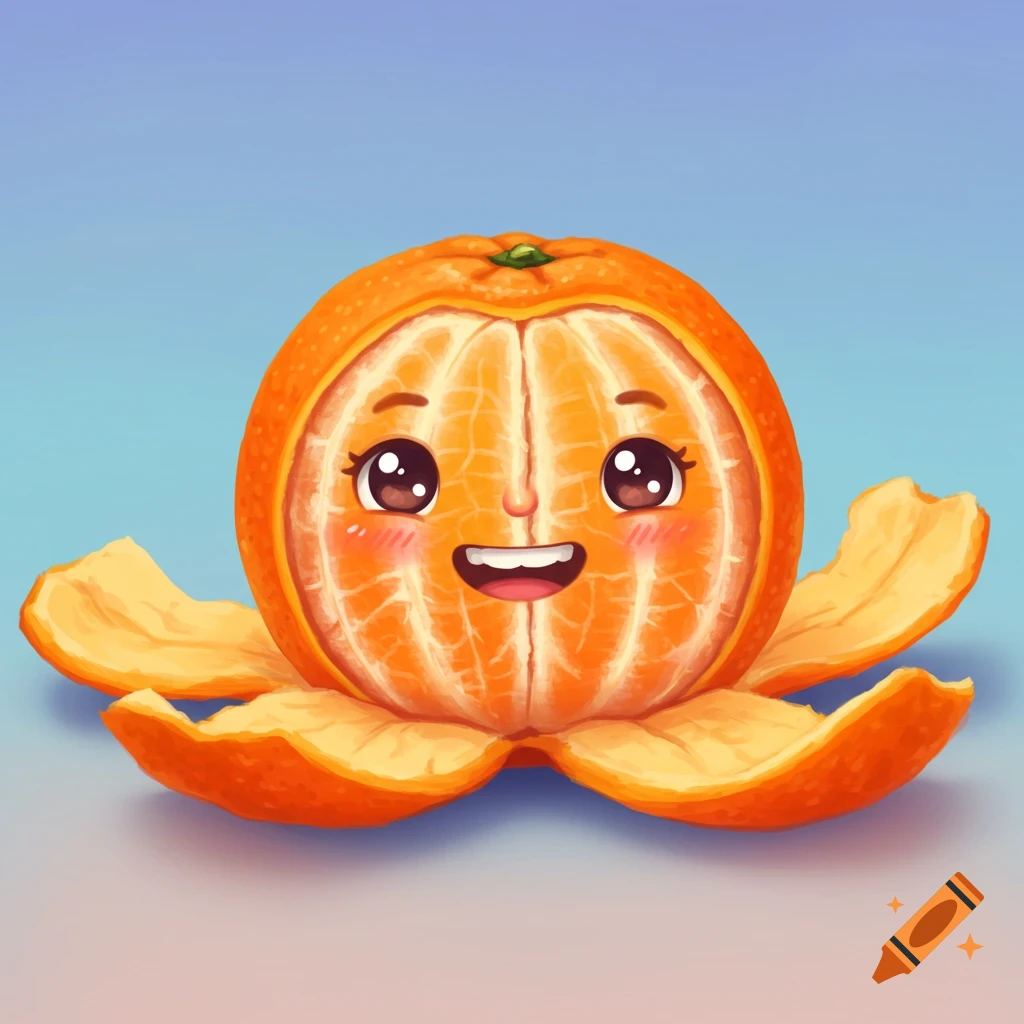 A cute, cartoon peeled orange with a smiling face and blush on its cheeks, set against a simple blue and pink gradient background.