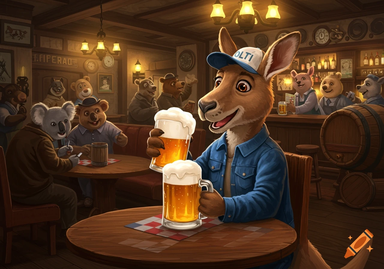 A smiling anthropomorphic kangaroo in a denim jacket and cap holds two beers in a dimly lit pub with other cartoon animals.