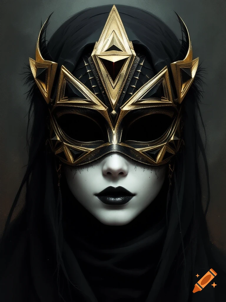 A close-up portrait of a figure wearing an elaborate black and gold gothic masquerade mask and a dark hood.