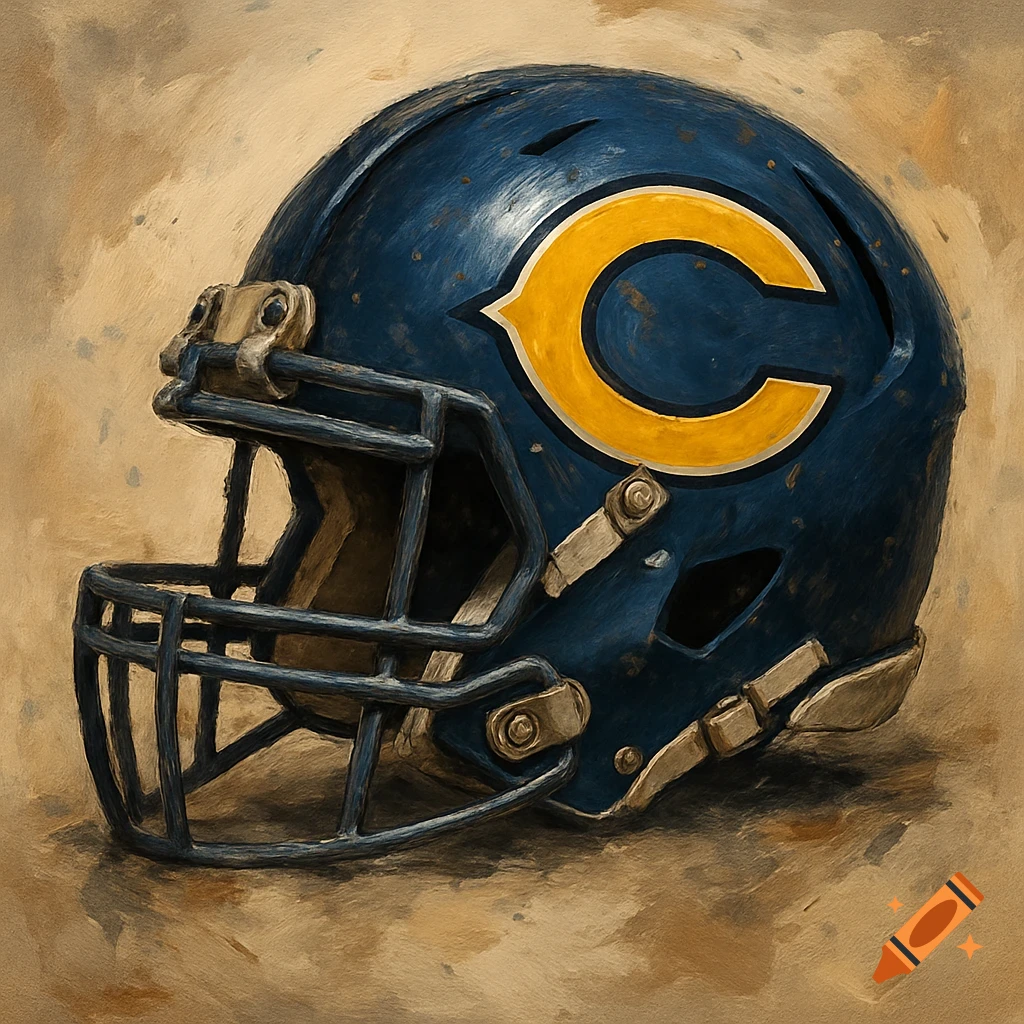 A distressed blue football helmet with a yellow 'C' logo on the side, rendered in a painterly style.