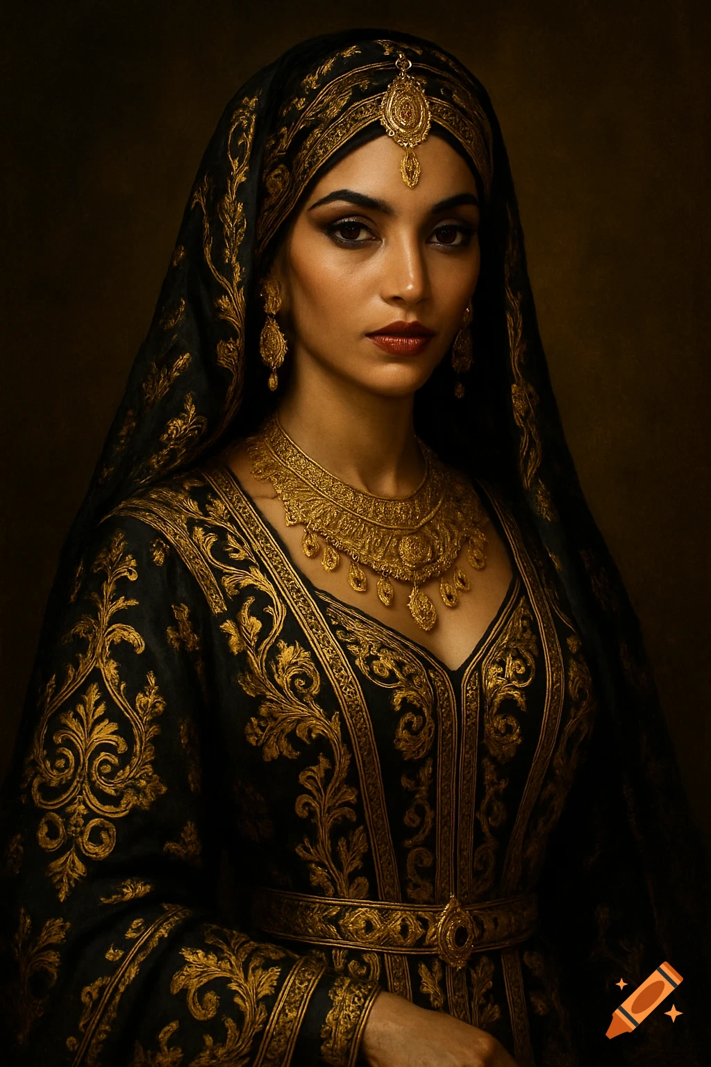 A regal woman in a black and gold ornate dress and matching headpiece, adorned with elaborate gold jewelry, looking directly at the viewer.
