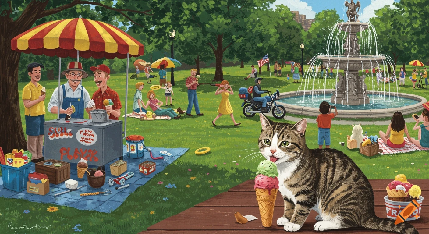 A colorful illustration of a busy park scene with a large tabby cat in the foreground next to an ice cream cone and cup. In the background, people enjoy ice cream, picnic, and play near a fountain.