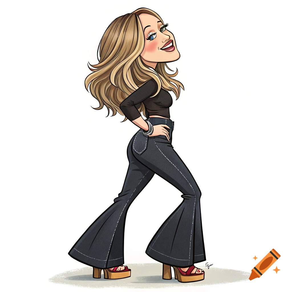 A cartoon caricature of a smiling woman with long blonde hair, wearing a black crop top, high-waisted bell-bottom jeans, and red platform heels.