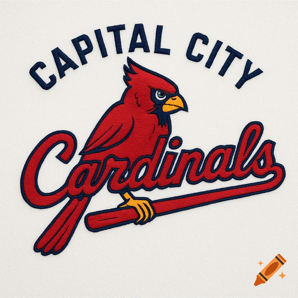 An embroidered baseball logo featuring a red cardinal bird holding a bat, with 'CAPITAL CITY' above and 'Cardinals' below.