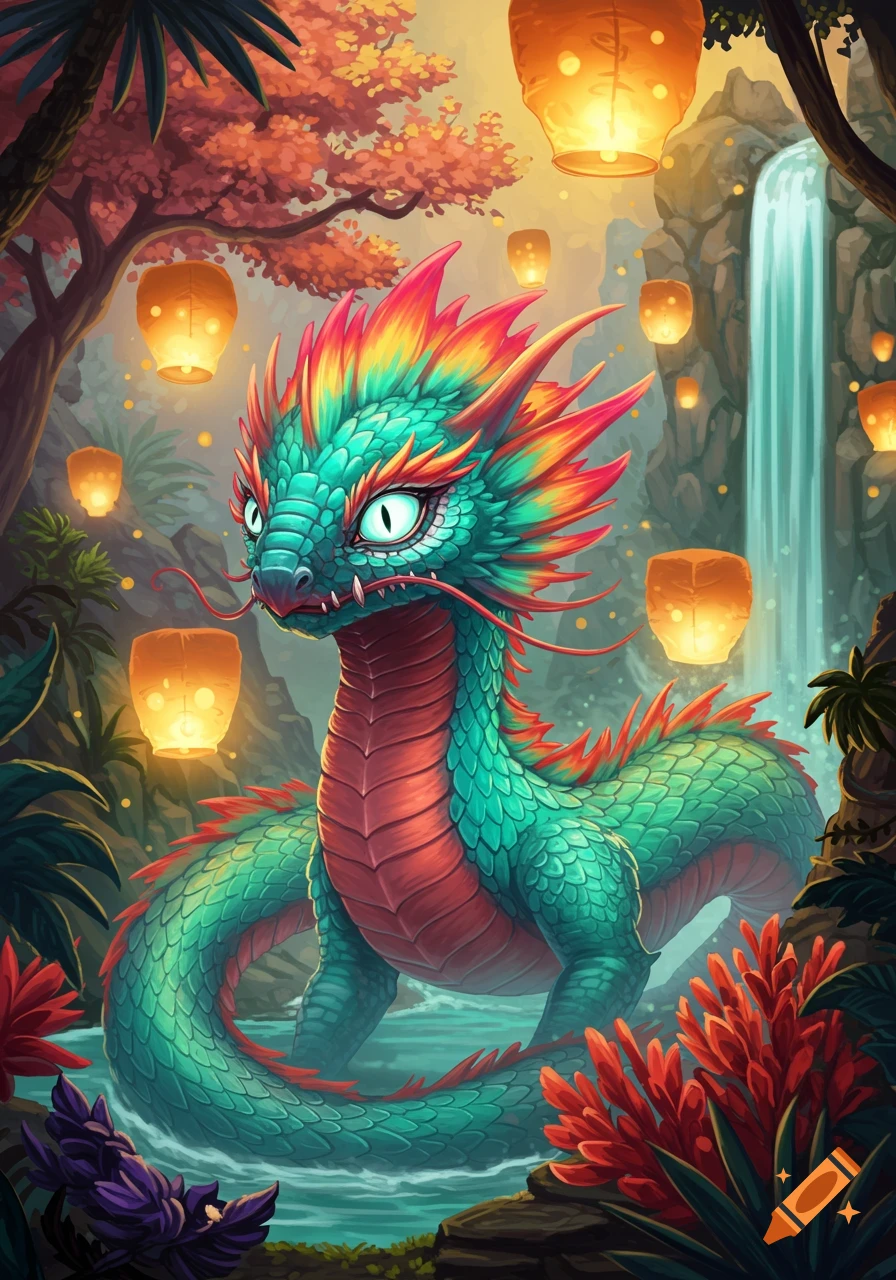 A vibrant green and red dragon with glowing eyes stands in a lush, magical forest with floating orange lanterns and a waterfall.