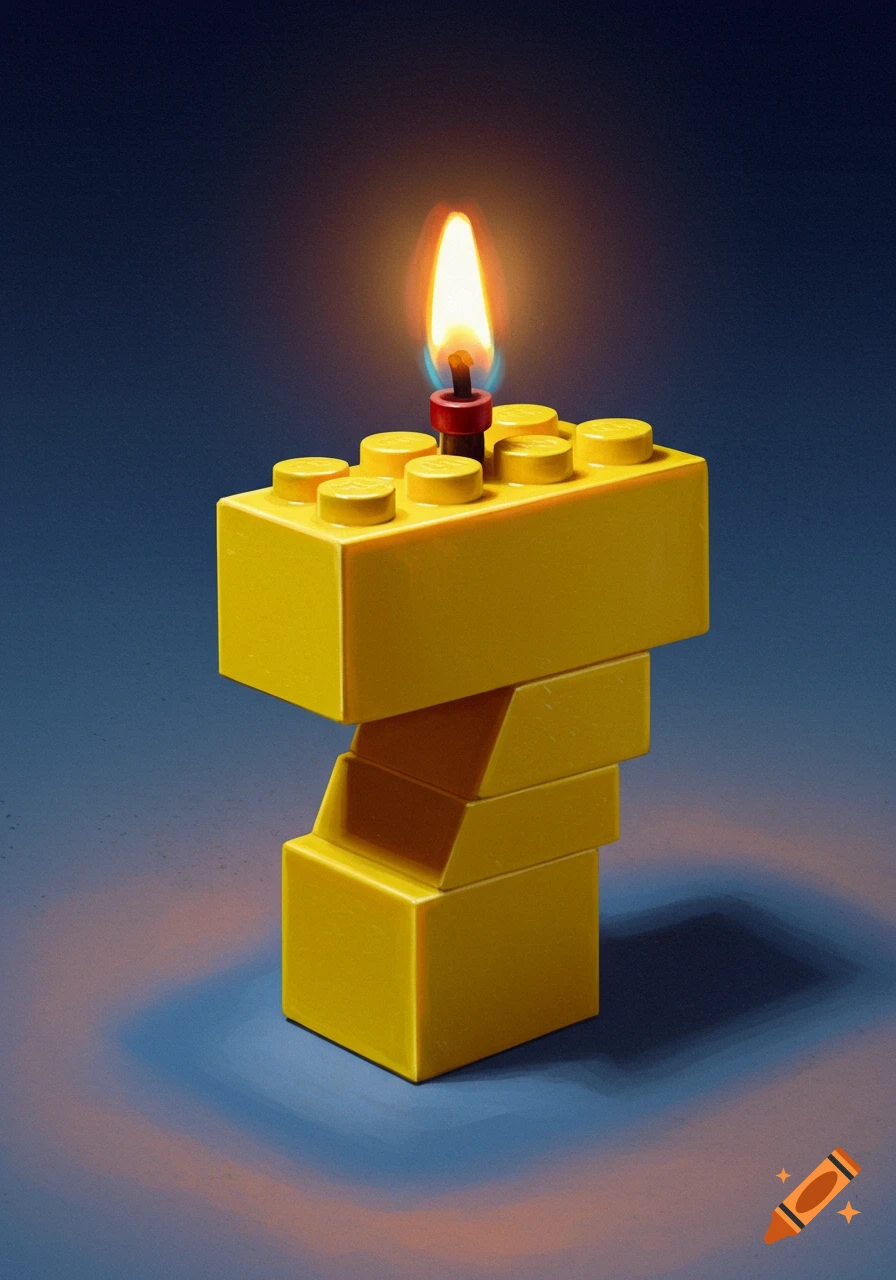 A stylized candle shaped like the number seven, made from yellow Lego bricks, with a bright flame, against a dark blue background.