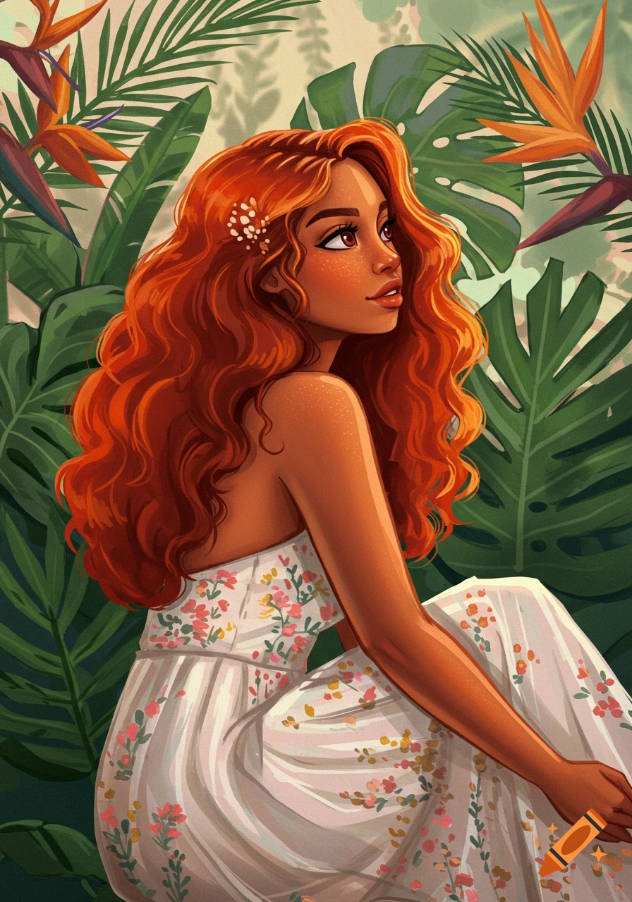 Stylized illustration of a woman with red curly hair in a floral dress, surrounded by tropical leaves and bird of paradise flowers.