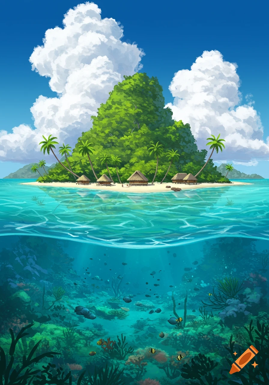 An illustrated tropical island scene with palm trees and huts above the clear blue ocean, revealing vibrant coral and fish underwater.