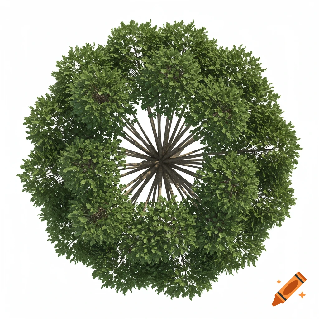 Photorealistic top-down view of a lush green tree with a dense canopy on a white background.