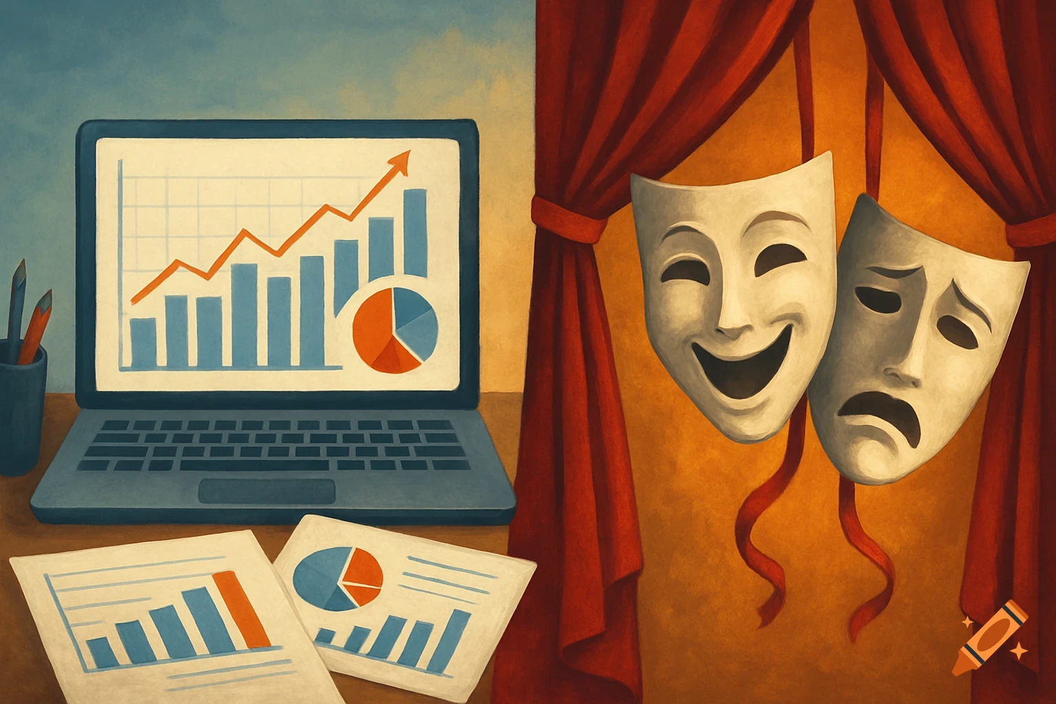 Painterly illustration of a laptop with data charts and theatre masks (comedy and tragedy) with red curtains.