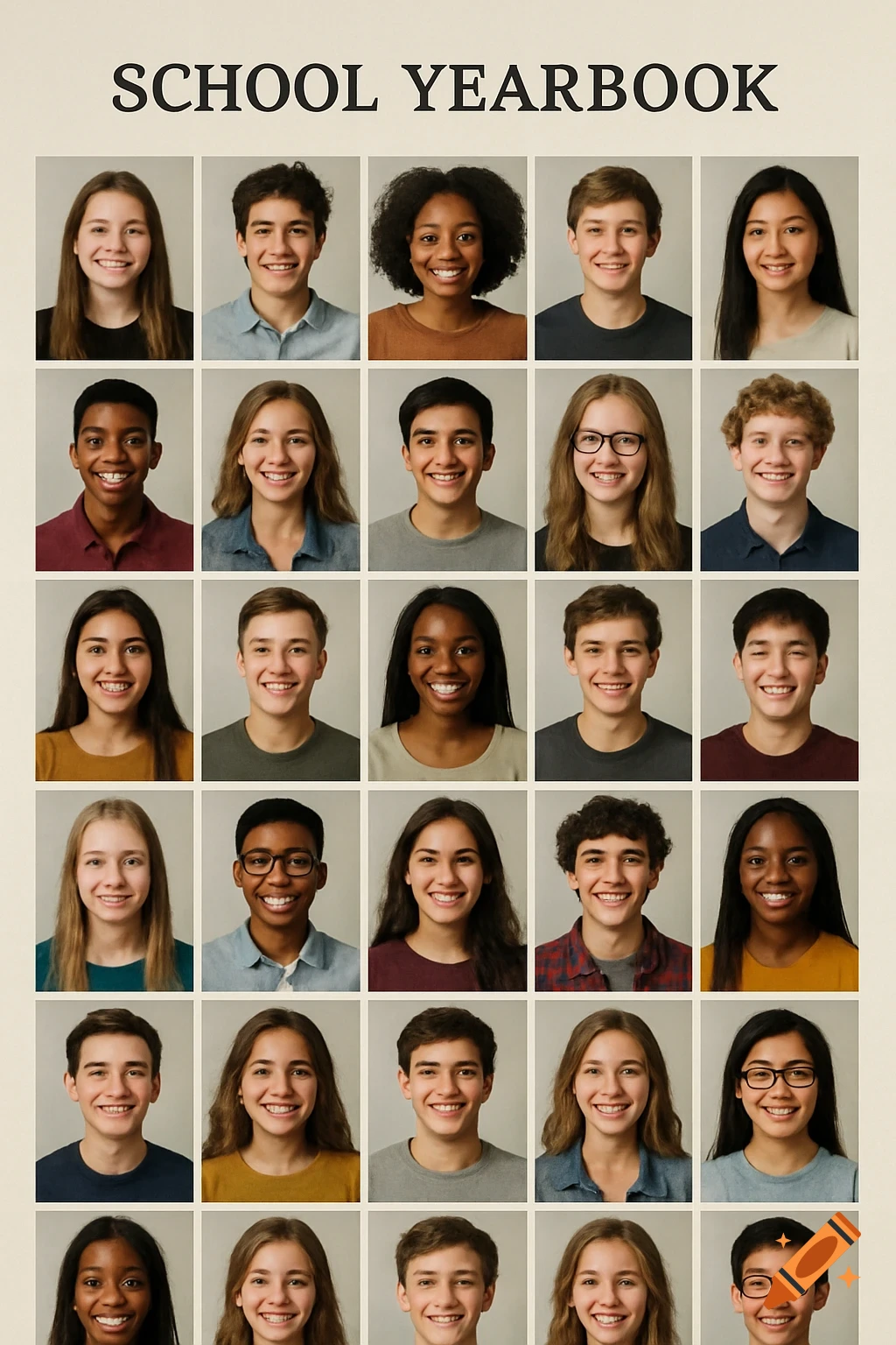 A grid of yearbook portraits featuring smiling diverse teenagers.