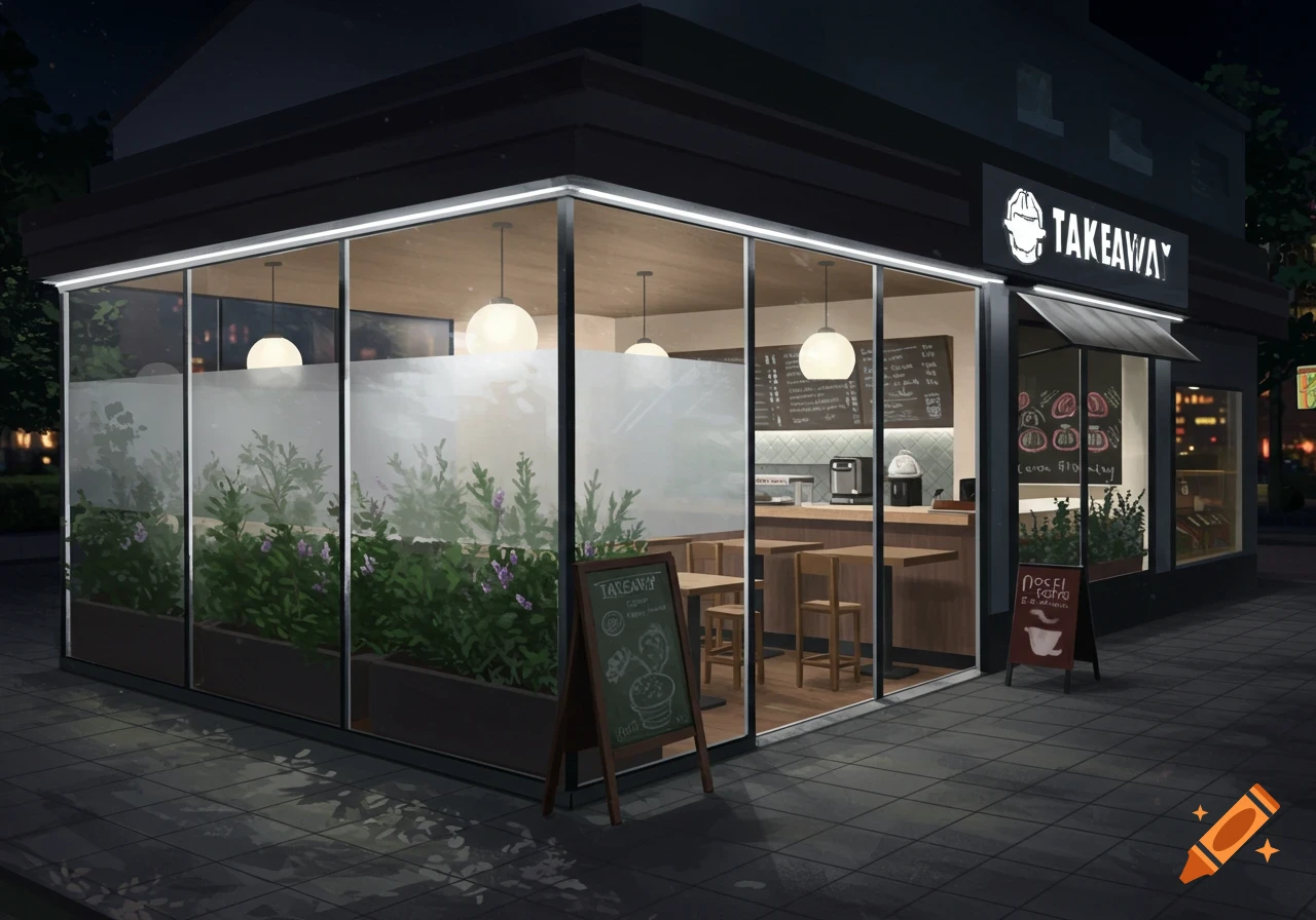 A nighttime scene of a modern takeaway cafe with large glass windows, plants visible through frosted panels, and a prominent "TAKEAWAY" sign.