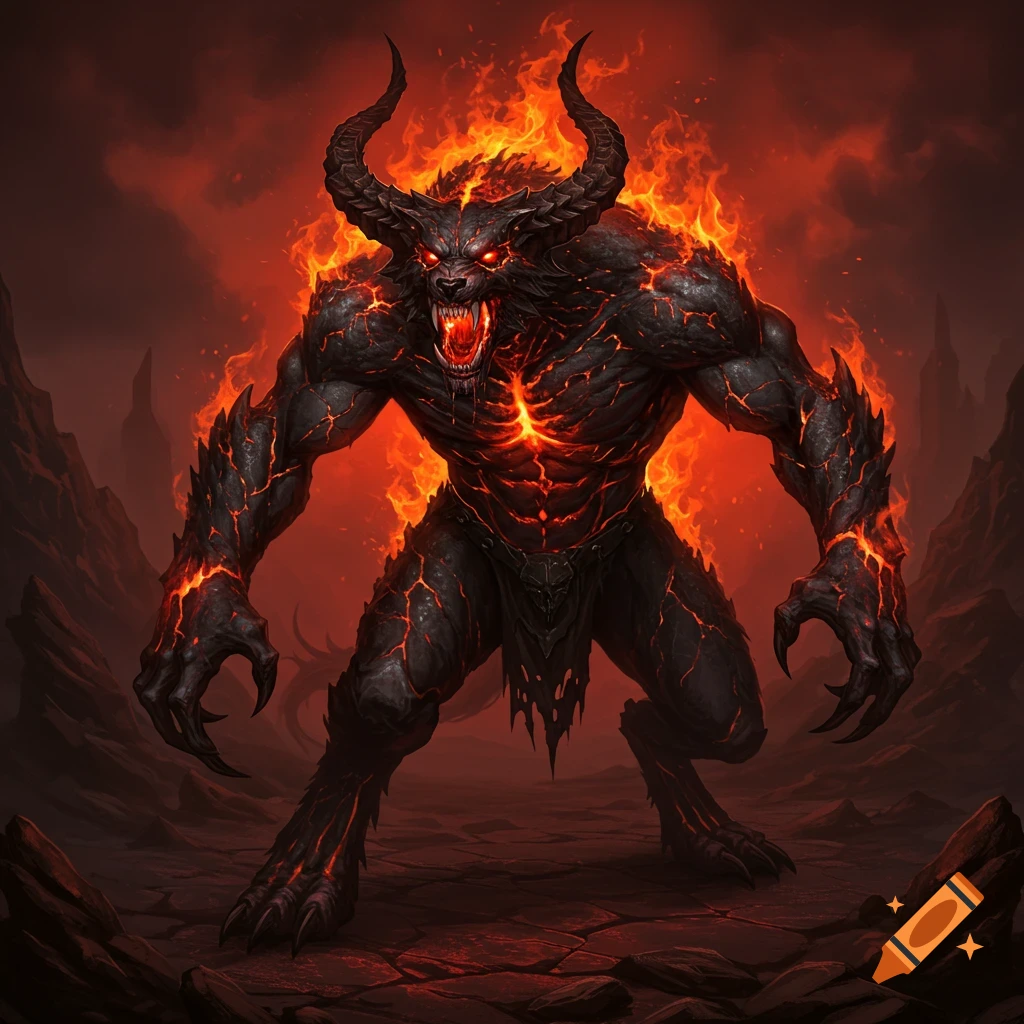 A fierce, horned werewolf creature with glowing red eyes and cracked, lava-like skin, stands in a fiery, volcanic landscape.
