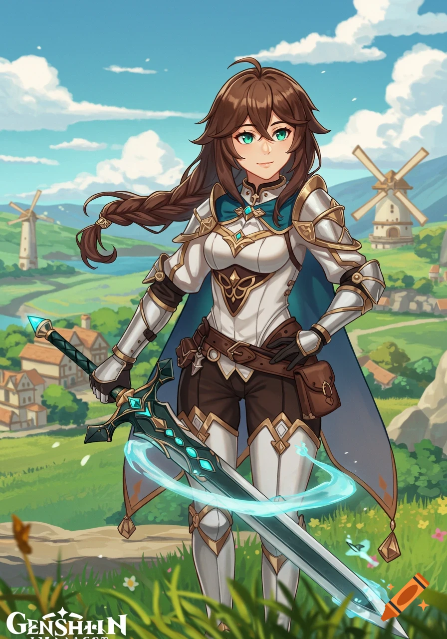 A brown-haired female character in white and gold armor holds a glowing teal sword in a grassy field with windmills and houses in an anime style.