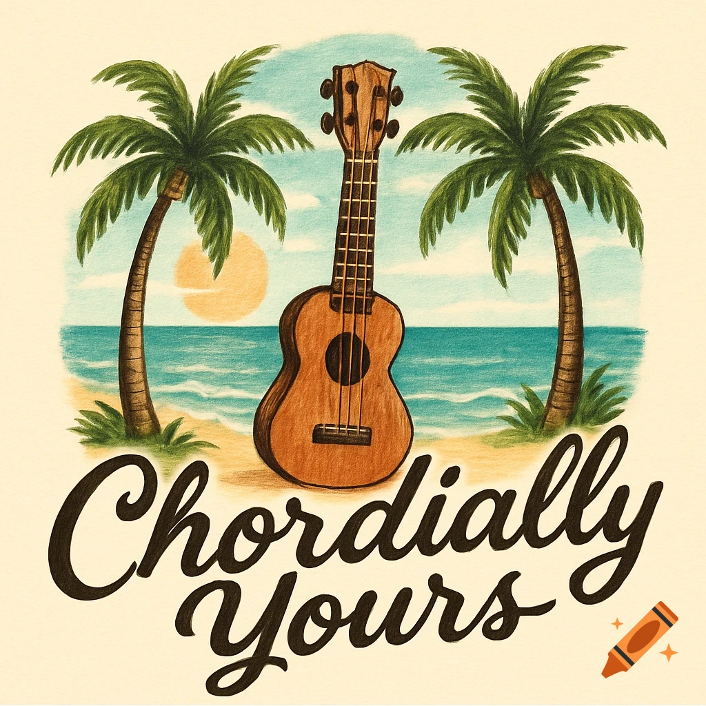 Cursive text 'Chordially Yours' below a ukulele on a beach with palm trees and an ocean sunset, in a vintage illustration style.