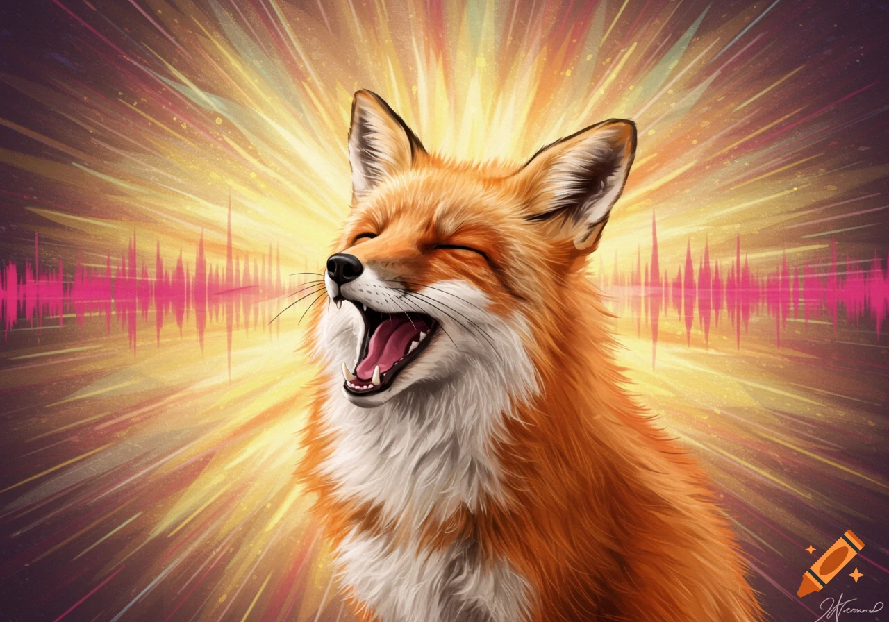 A vibrant digital illustration of a happy fox with its mouth open, against a backdrop of bright light and pink sound waves.