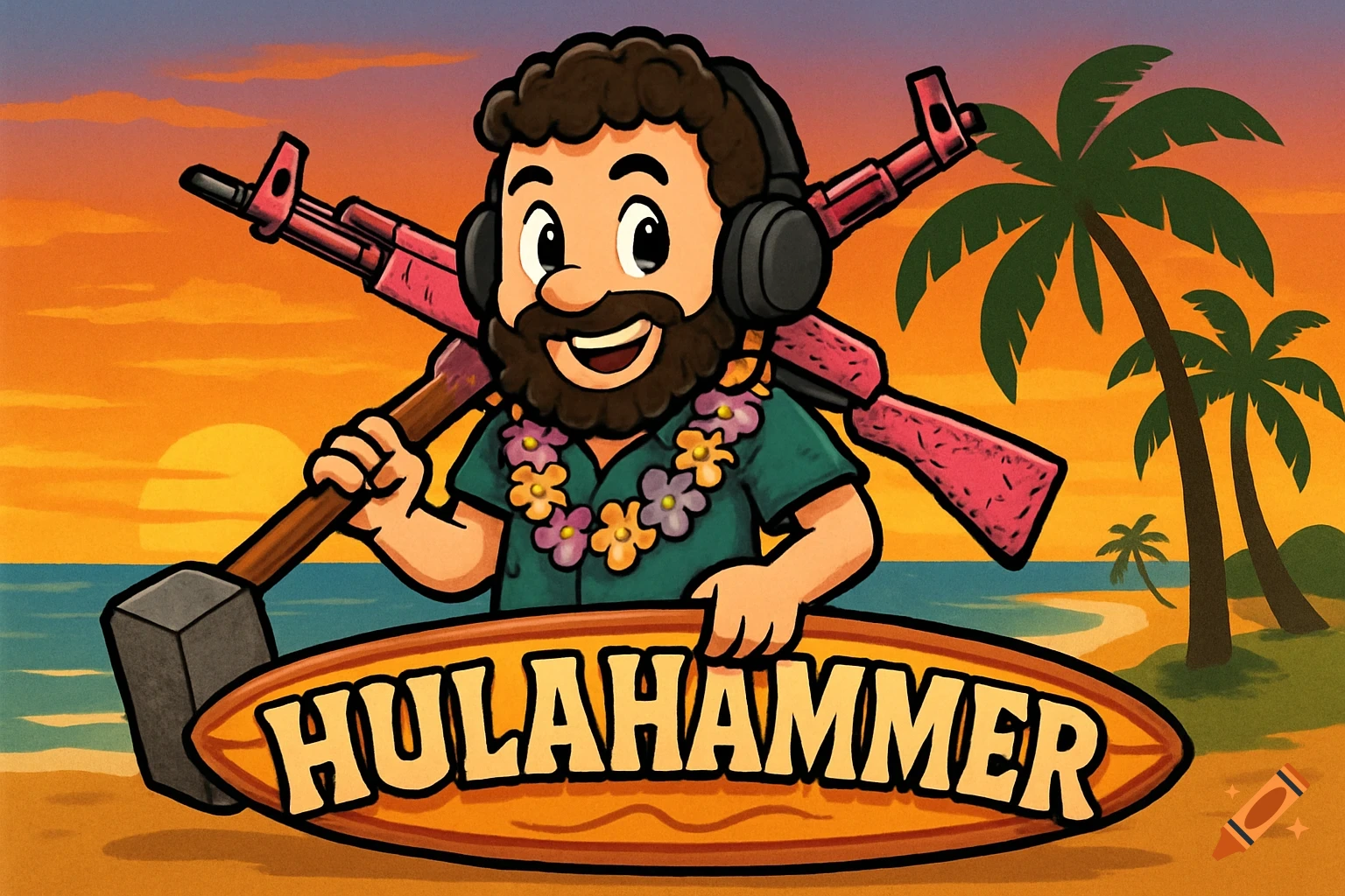 Cartoon man with beard, headset, and lei holding a hammer and pink rifle on a tropical beach at sunset, with 'HULAHAMMER' on a surfboard.