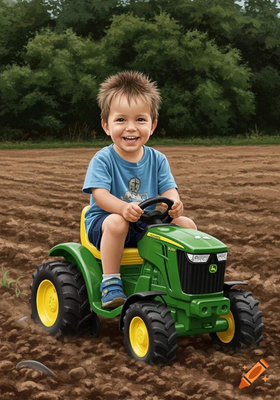 A happy toddler with spiky hair rides a green toy John Deere tractor in a plowed field with trees in the background.