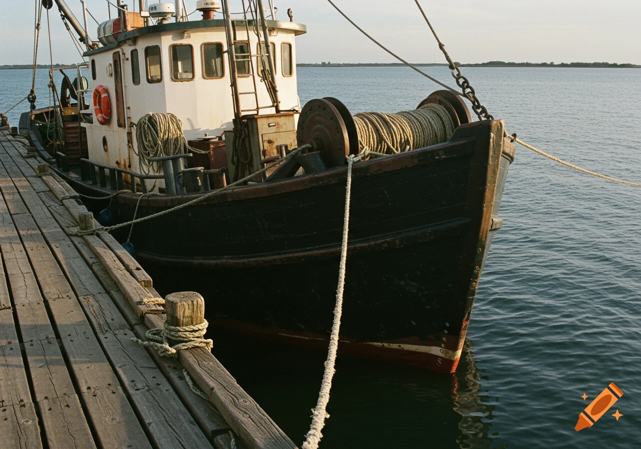 A black and white fishing trawler boat is moored to a wooden dock with ropes. Calm water surrounds the boat.